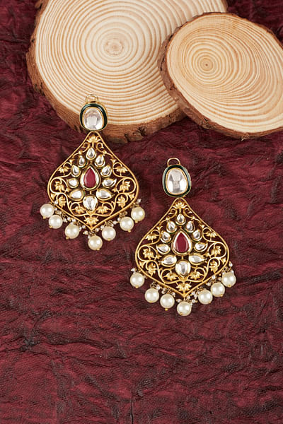 Red kundan and pearl earrings