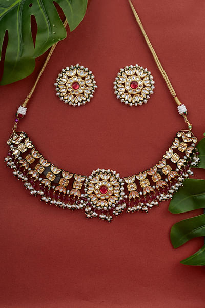 Red kundan and pearl necklace set