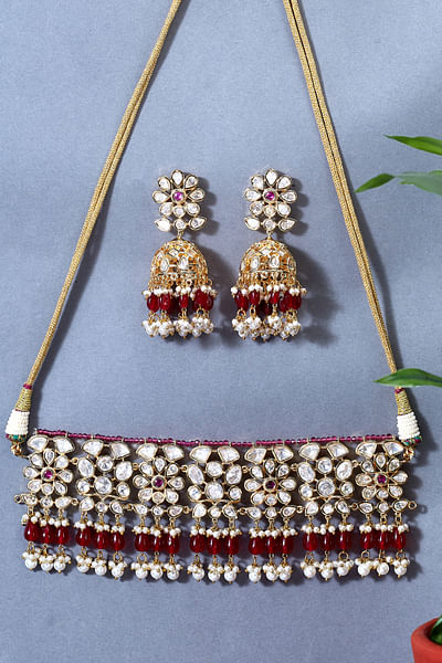 Red kundan polki beaded choker set