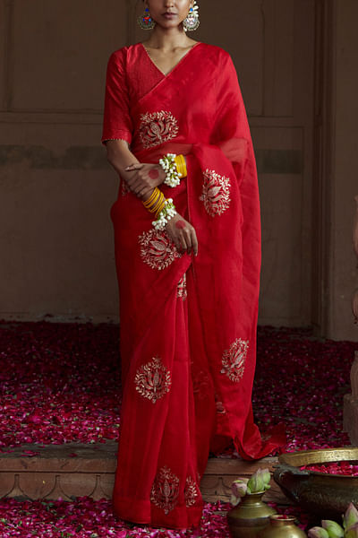 Red lotus motif embroidery sari set