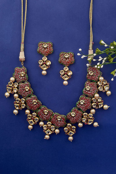 Red meenakari polki necklace set