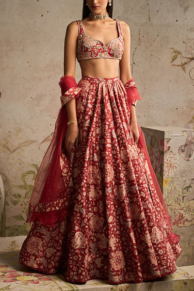 Red ochre applique embroidery lehenga set