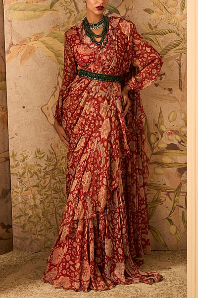 Red ochre printed draped sari set