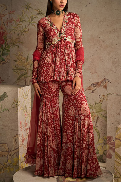 Red ochre printed gharara set