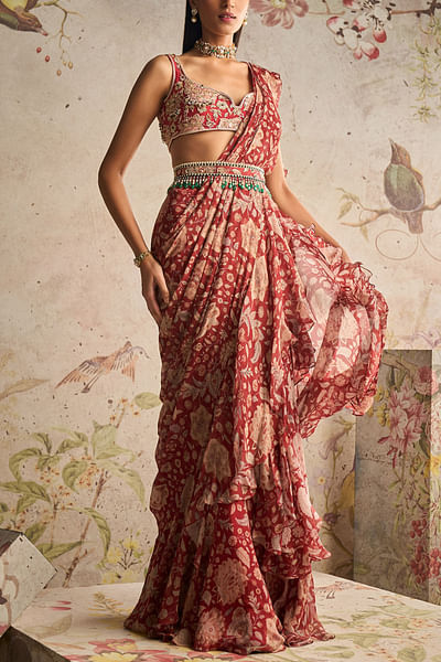 Red ochre printed sari set