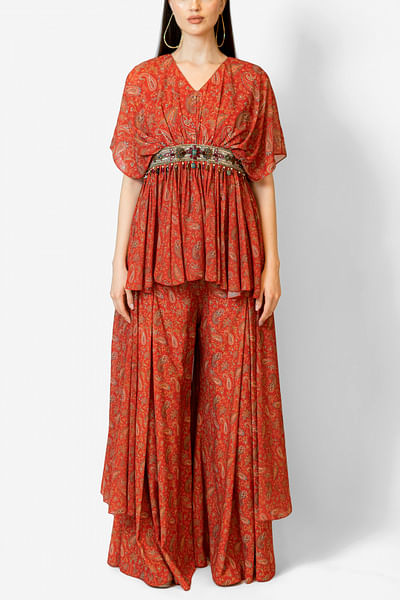 Red paisley print kaftan set