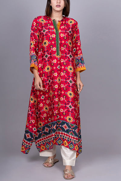 Red patola print asymmetric kurta