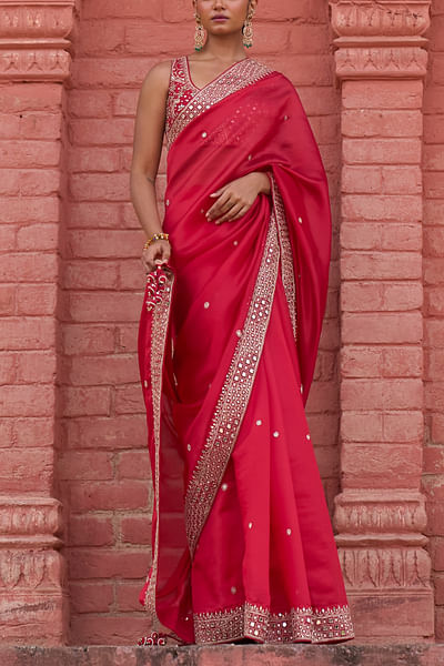 Red patra embroidery sari set