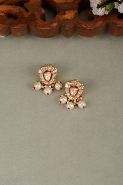 Red polki and pearl embellished studs