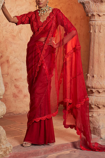 Red pre-draped embroidered sari set