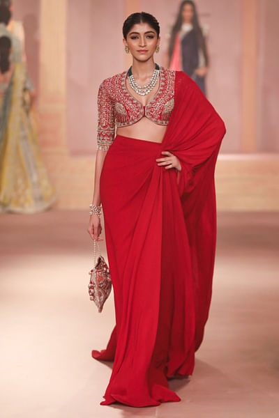 Red pre-draped sari set
