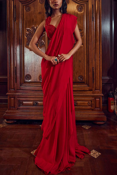 Red pre-draped sari set