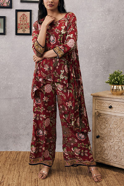 Red printed asymmetric top and pants