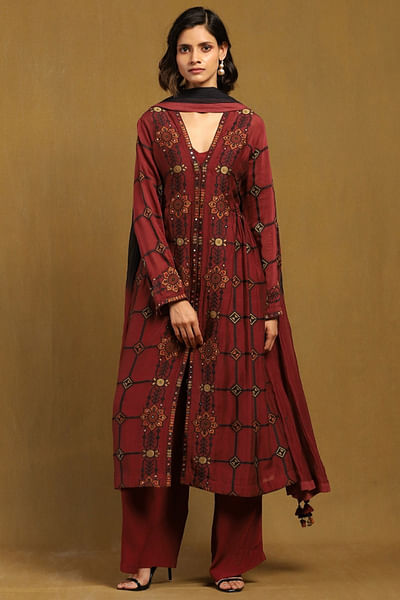 Red printed kurta set