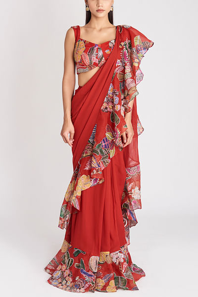 Red printed ruffle pre-draped sari set