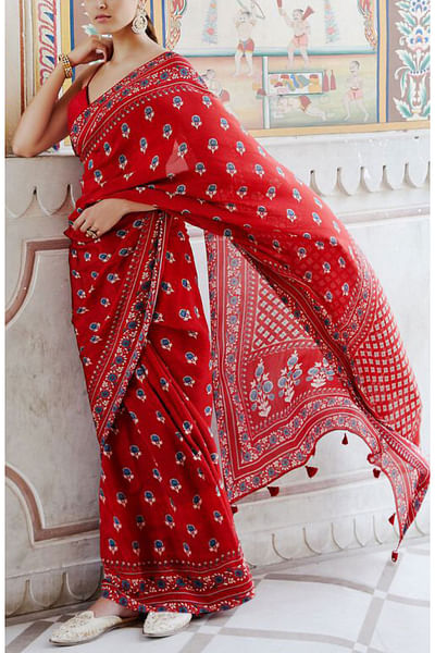 Red printed sari set