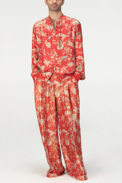 Suketdhir Red rainforest print bomber jacket SUDOCT23MD203