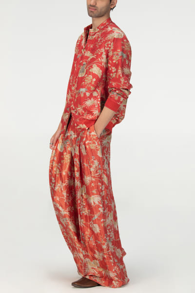 Suketdhir Red rainforest print bomber jacket SUDOCT23MD203