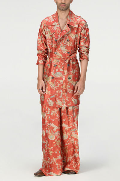 Red rainforest print trench coat