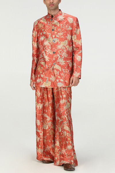 Red rainforest print wide-leg pants