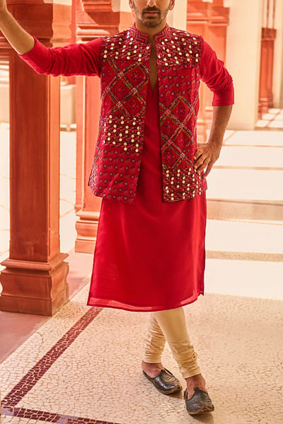 Red resham and coin work bandi kurta set