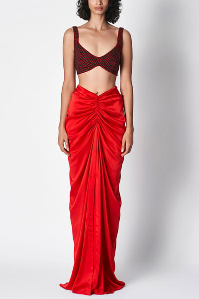 Red ruched slit skirt