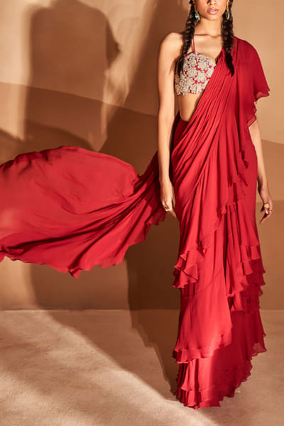 Red ruffle layered sari set