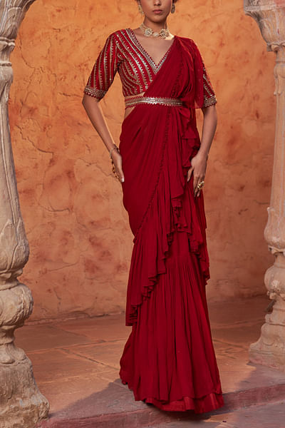 Red ruffled georgette sari set
