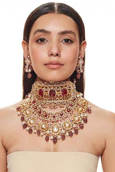 Red semi-precious stone and kundan necklace set