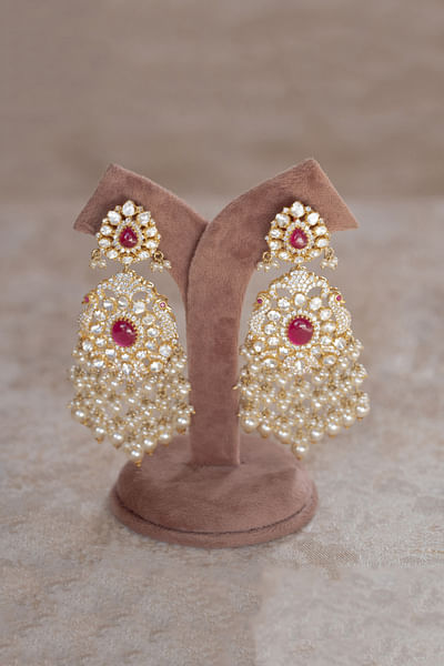 Red semi-precious stone and moissanite polki earrings
