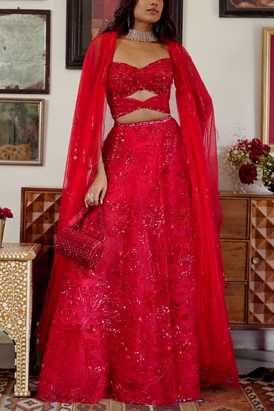 Red sequin and bead embroidered lehenga set