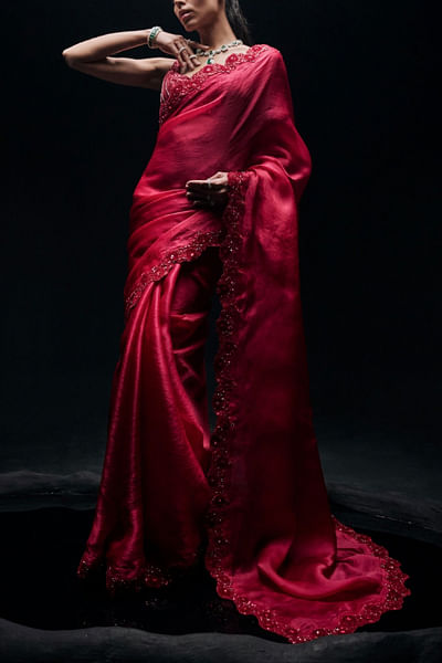 Red floral applique organza sari set
