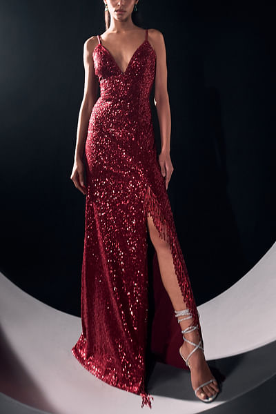 Red sequin embellished gown