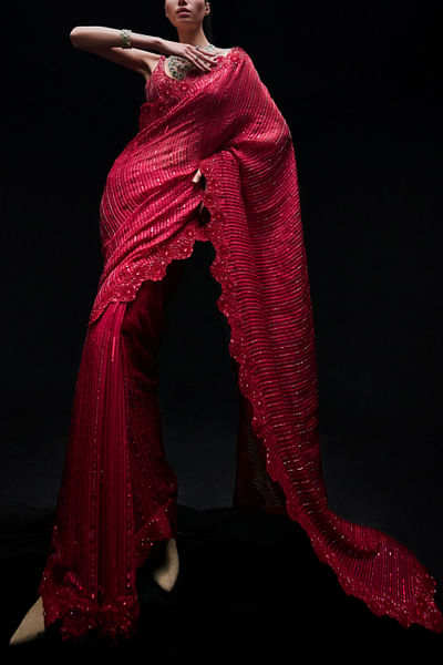 Red sequin embellished sari set