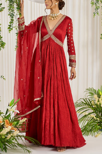 Red sequin embroidered anarkali set