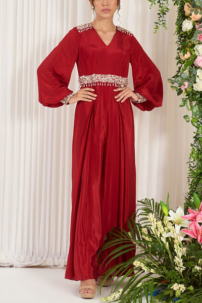 Red sequin embroidered jumpsuit