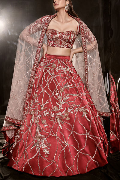 Red sequin embroidered lehenga set