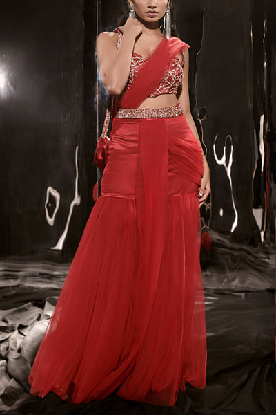 Red sequin embroidered sharara sari set