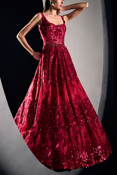 Red sequin embroidery applique gown