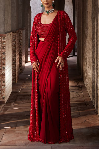 Red sequin embroidery pre-draped sari set