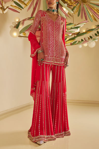 Red sequin embroidery sharara set