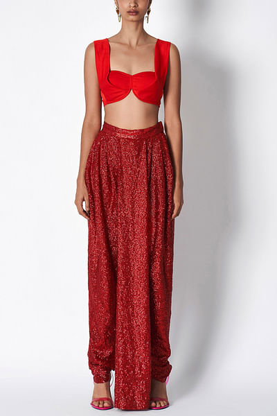 Red sequinned draped dhoti pants