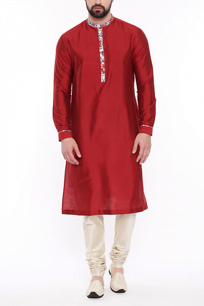 Red silk printed kurta set