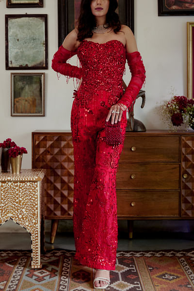 Red sparkling sequin embroidered jumpsuit