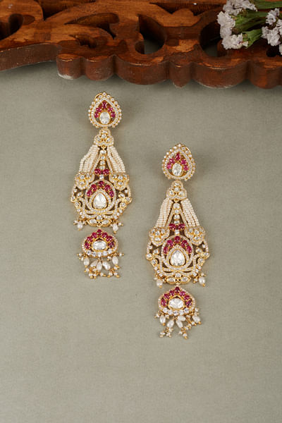 Red stone and pearl embellished earrings