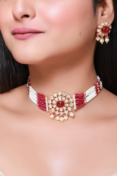 Red stone and polki choker set