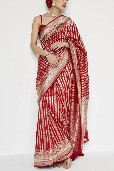 Red stripe woven banarasi sari set
