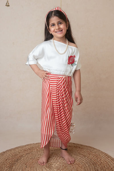 Red striped draped skirt set