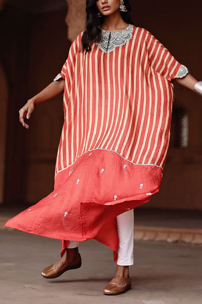 Red striped printed kaftan set