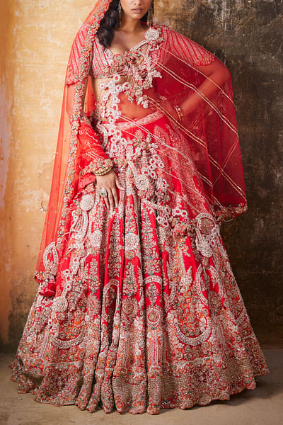 Red thread and pearl embroidery lehenga set